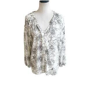Millibon Boutique Floral Peasant Blouse Oversized Size Small White Button Front